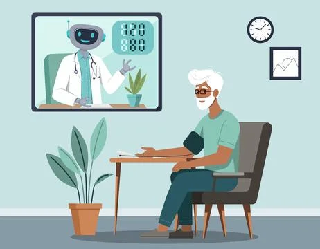 Elder Man Using Telemedicine with Robot Doctor Online Illustrazione stock