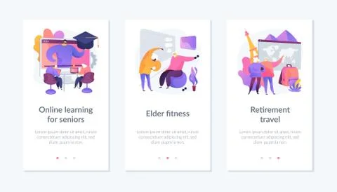 Elder people activities app interface template. Stock Illustration