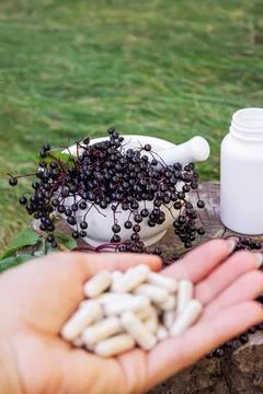 Elderberry and Capsules for Immunity in Hand Stock Photos
