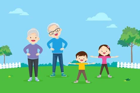 Elderly and childrens doing exercises Ilustración de archivo