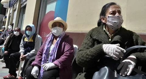 Elderly and their relatives queue to collect dignity pension in Bolivia, La Paz, Stock Photos