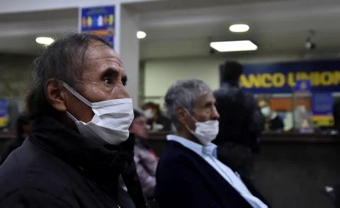 Elderly and their relatives queue to collect dignity pension in Bolivia, La Paz, Stock Photos