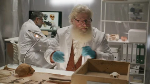 Elderly Archaeologist Organizing Ancient Artifacts on Desk in Laboratory Stock Footage 301597063