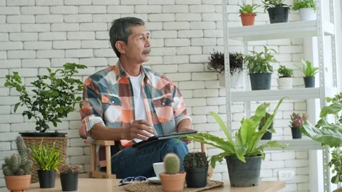 Elderly Asian man writing notes peacefully in beautiful garden at home Stock Footage 148620052