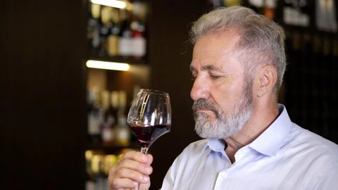 An elderly, bearded, gray-haired, well-dressed sommelier, a male winemaker Stock Footage 159538845