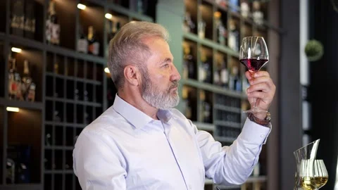 An elderly, bearded, gray-haired, well-dressed sommelier, a male winemaker Stock Footage 159540179