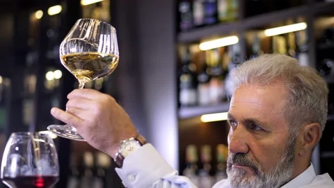 An elderly, bearded, gray-haired, well-dressed sommelier, a male winemaker Stock Footage 159550012