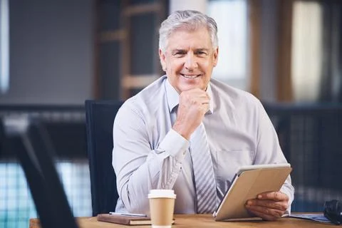 Elderly, business man and tablet in portrait with smile, analysis or planning at Stock Photos