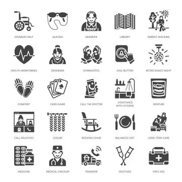 Elderly care vector flat glyph icons. Nursing home elements old people activity Illustrazione stock
