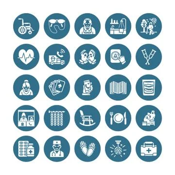 Elderly care vector flat glyph icons. Nursing home elements old people activity 스톡 일러스트