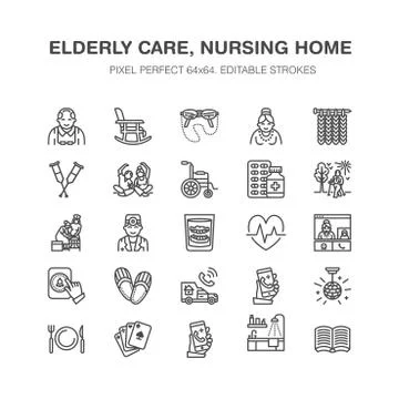 Elderly care vector flat line icons. Nursing home elements - old people activity イラスト素材