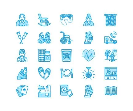 Elderly care vector flat line icons. Nursing home elements - old people activity Stock Illustration