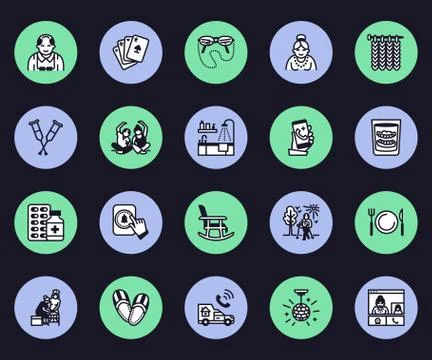 Elderly care vector flat line icons. Nursing home - old people activity Stock Illustration