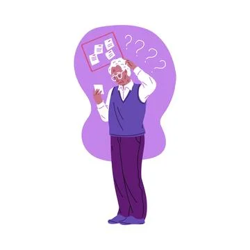 Elderly confused man reads notes and trying remember, memory loss, Alzheimer Illustrazione stock