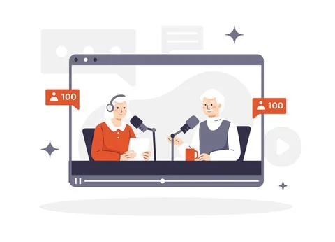 An elderly couple broadcasting live on a tablet screen Stock Illustration