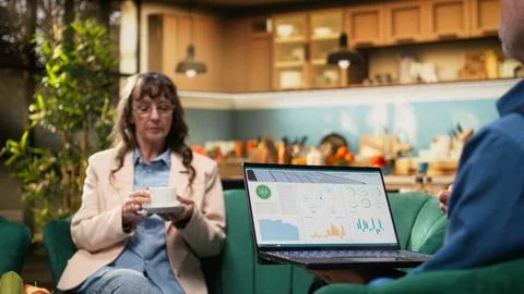 Elderly couple checking eco-friendly energy app on their computer 库存照片