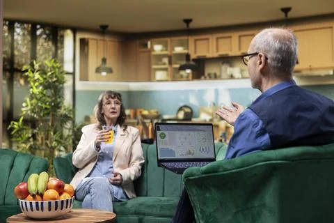 Elderly couple checking eco-friendly energy app on their computer 库存照片