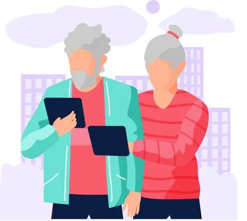 Elderly couple communicate through gadget. Old people try to use tablet and surf Stock Illustration