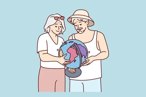 Elderly couple is considering globe choosing place for future trip or Ilustração Stock