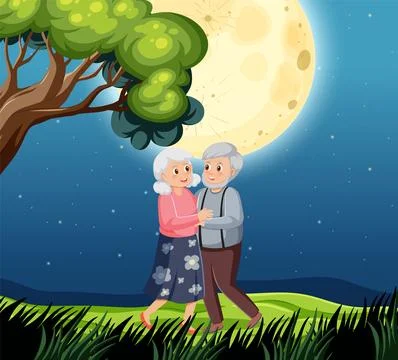 Elderly Couple Dancing Under the Moon Ilustração Stock