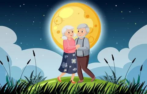 Elderly Couple Dancing Under Moonlight Ilustração Stock