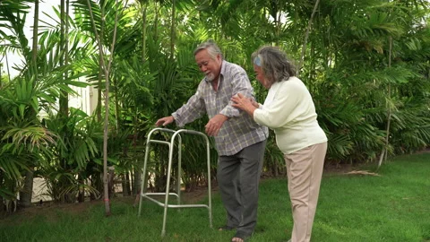 Elderly couple, an elderly man learning to walk on a walker in the garden Stock Footage 154419554