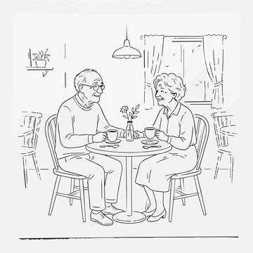 Elderly couple having coffee date line art Silhouette Stock Illustration