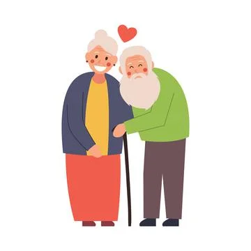 Elderly couple hugging tenderly, vector illustration on white isolated backgr Stock Illustration