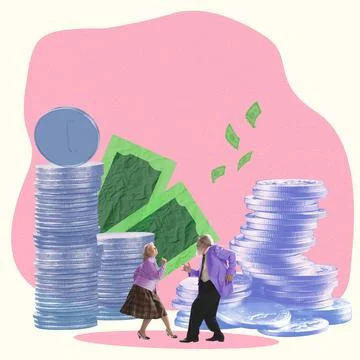 Elderly couple joyfully dancing between stacks of coins and cash, symbolizing Stock Photos