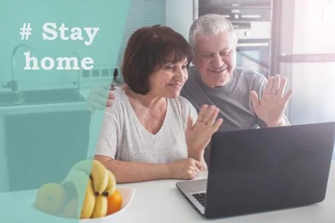 Elderly couple looking at computer during the pandemic coronavirus Stock Photos