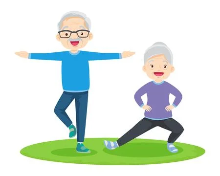 Elderly couple practicing yoga. Active Grandparents doing exercises Stock Illustration