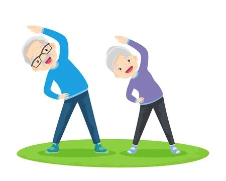 Elderly couple practicing yoga. Active Grandparents doing exercises Stock Illustration