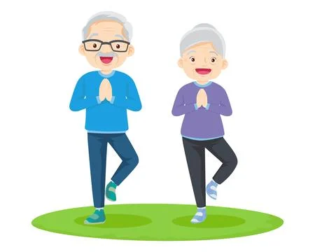Elderly couple practicing yoga. Active Grandparents doing exercises Stock Illustration