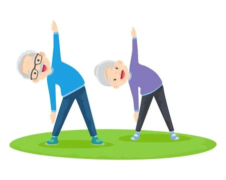 Elderly couple practicing yoga. Active Grandparents doing exercises Stock Illustration