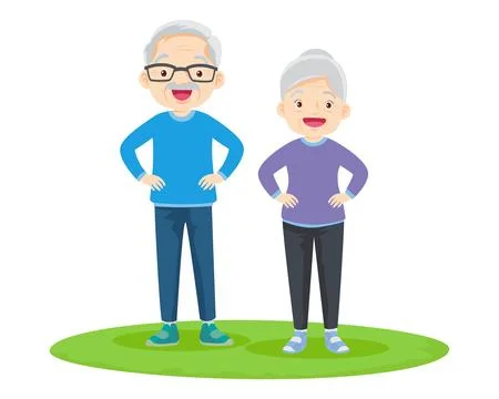 Elderly couple practicing yoga. Active Grandparents doing exercises Stock-Illustration