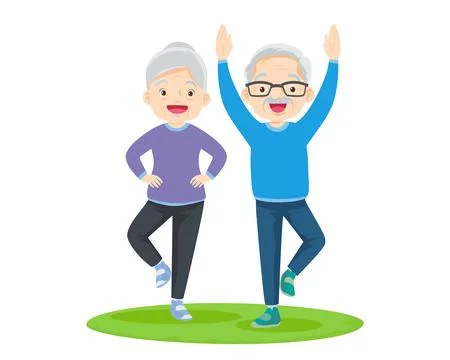 Elderly couple practicing yoga. Active Grandparents doing exercises Stock Illustration