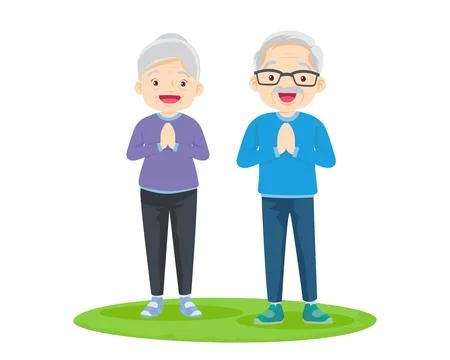 Elderly couple practicing yoga. Active Grandparents doing exercises Stock Illustration