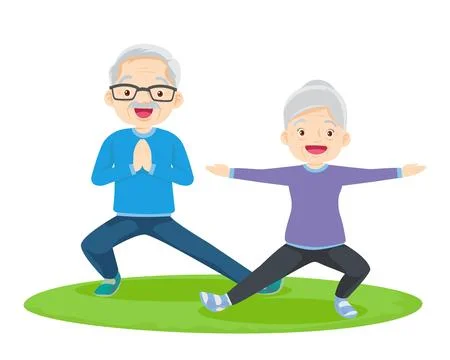 Elderly couple practicing yoga. Active Grandparents doing exercises Stock Illustration