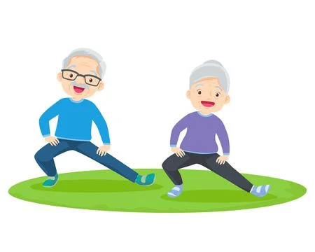 Elderly couple practicing yoga. Active Grandparents doing exercises Stock Illustration