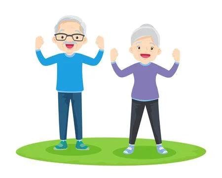 Elderly couple practicing yoga. Active Grandparents doing exercises Stock Illustration