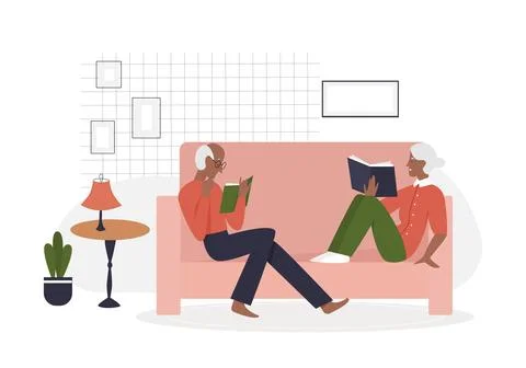 Elderly couple relaxed on sofa reading Stock Illustration