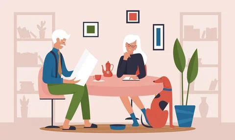 Elderly couple sitting at kitchen table, drink coffee together, man reading Stock Illustration