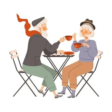 Elderly couple sitting at table in cafe or restaurant. Man and woman talking Stock Illustration