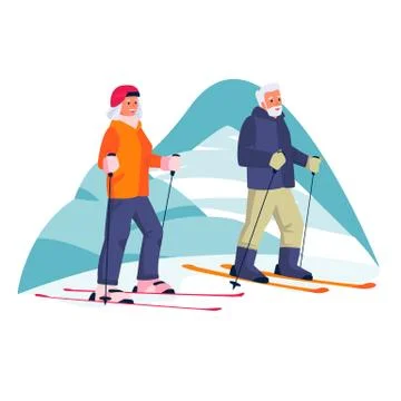 Elderly couple skiing in the mountains. Vector flat cartoon illustration of w Stock Illustration