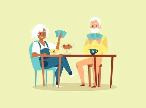 Elderly couple at table playing cards, flat vector illustration isolated. Stock Illustration