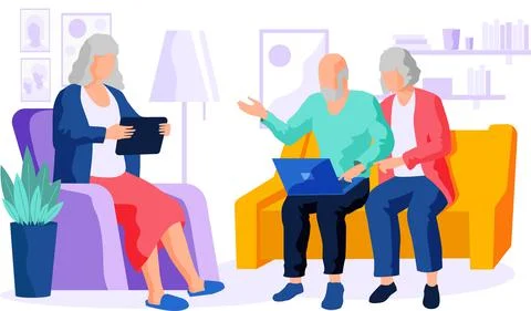 Elderly couple try to use gadget, type on computer, communicate through laptop 库存插图