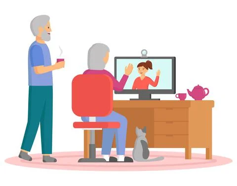 Elderly couple using laptop computer for talking with children, video Stock Illustration