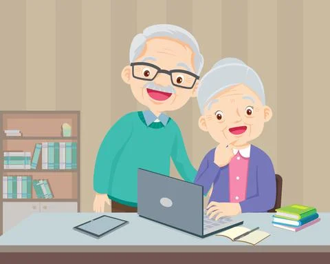 Elderly couple using a laptop computer at home so happy Ilustración de archivo