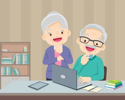 Elderly couple using a laptop computer at home Illustrazione stock