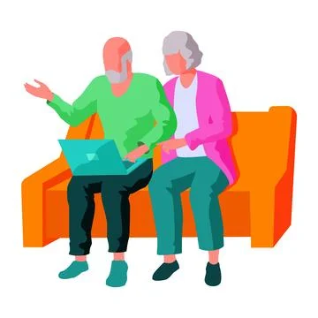 Elderly Couple Using a Laptop on Orange Sofa Discussing Technology 库存插图